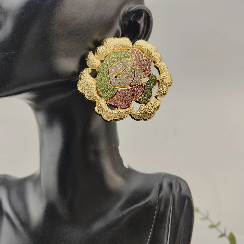 Yuminglai Fashion Luxury Dubai Jewelry Accessories Superior Quality Goldplated Big Flower Earrings for Women FHK29557