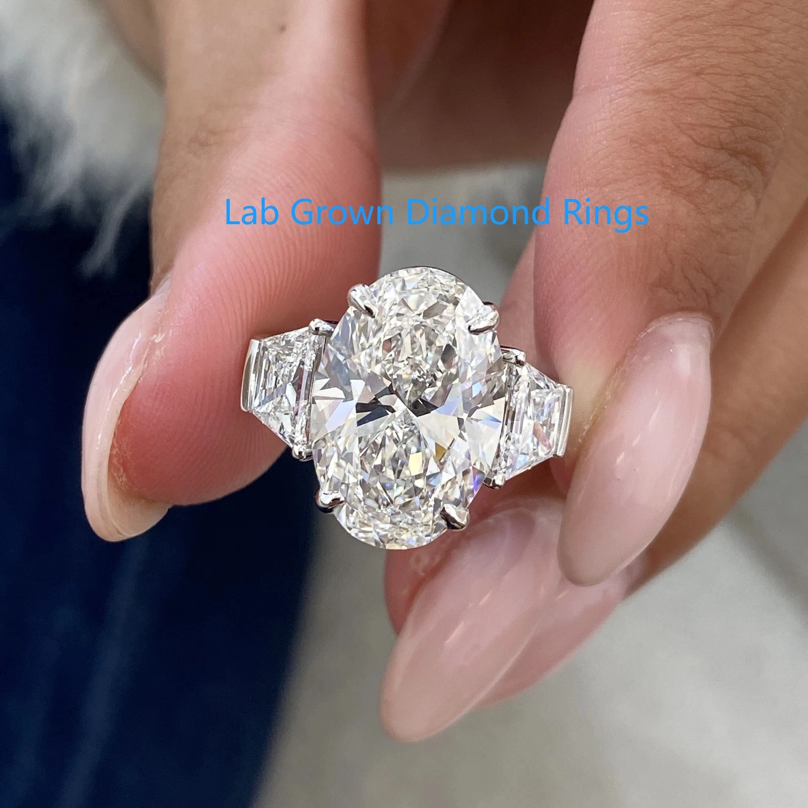 Lab Grown Diamond Engagement Ring Platinum 950 Oval Cut DEF VS-VVS Clarity 7Ct Main Stone 3 Stones Wedding Rings For Lady IGI