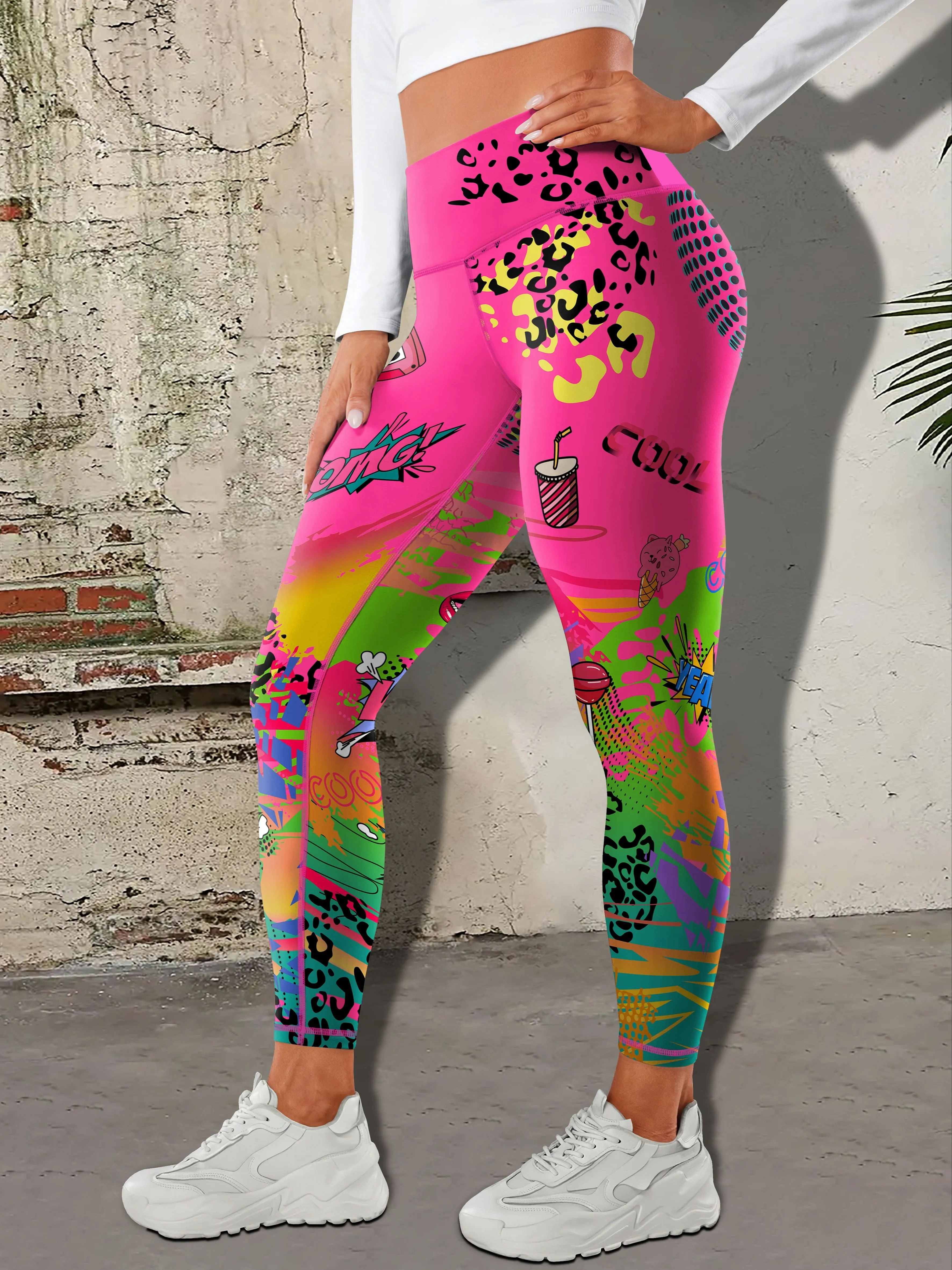 Women Mid‑Rise Fleece Lined Leggings Bright Pink Gradient Leopard Graffiti Print Warm Elastic Casual Pants