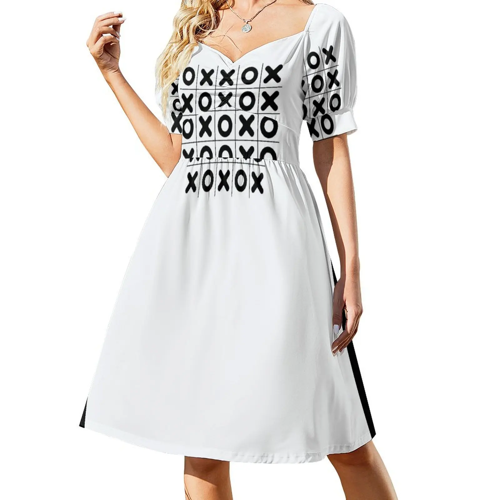 

Black and White Tic Tac Toe Design Short Sleeved Dress prom dress dresses for prom evening dress women