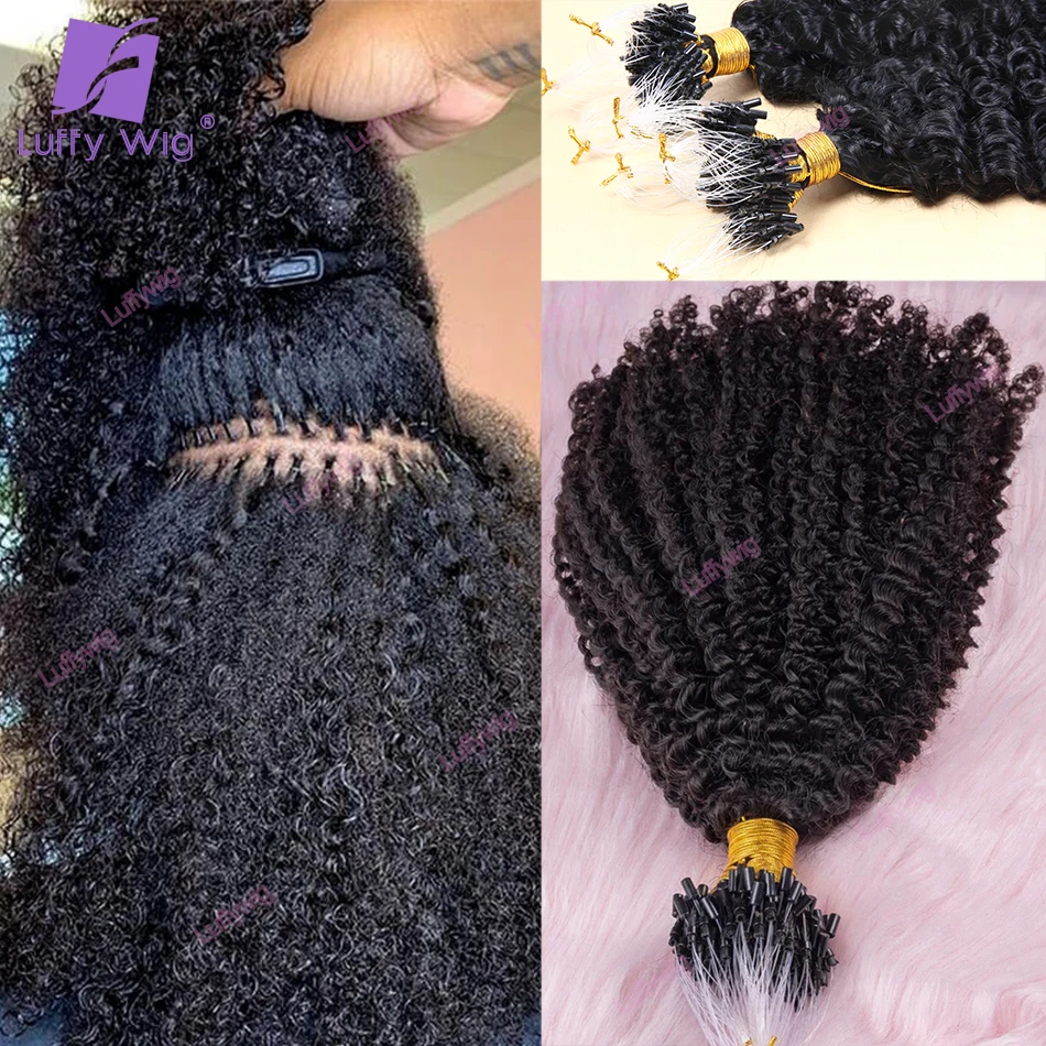 Remy brasileiro extensões de cabelo humano, 4C Micro Loop, Afro Kinky Curly Links, Luffy, mulheres negras