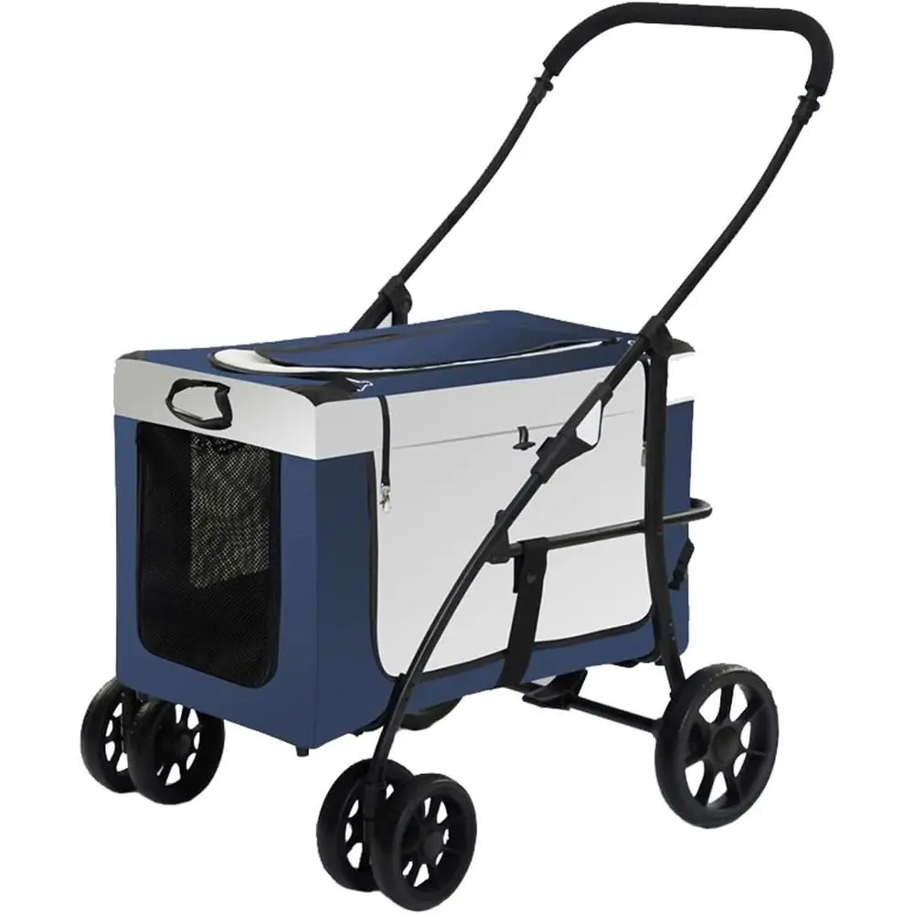 

4-Wheel Pet Stroller for Large Dogs up to 44lbs, Double-Door Blue Travel Carrier