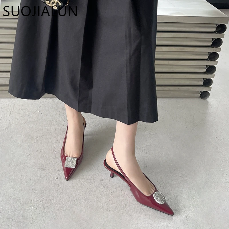 SUOJIALUN 2024 New Brand Women Sandal Fashion Red Pointed Toe Shallow Slip On Slingback Sandal Thin Low Heel Dress Pumps Shoes