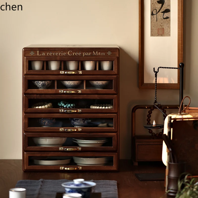 

HXL solid wood bucket cabinet, log six pumping jewelry tea set, Wenwan storage locker