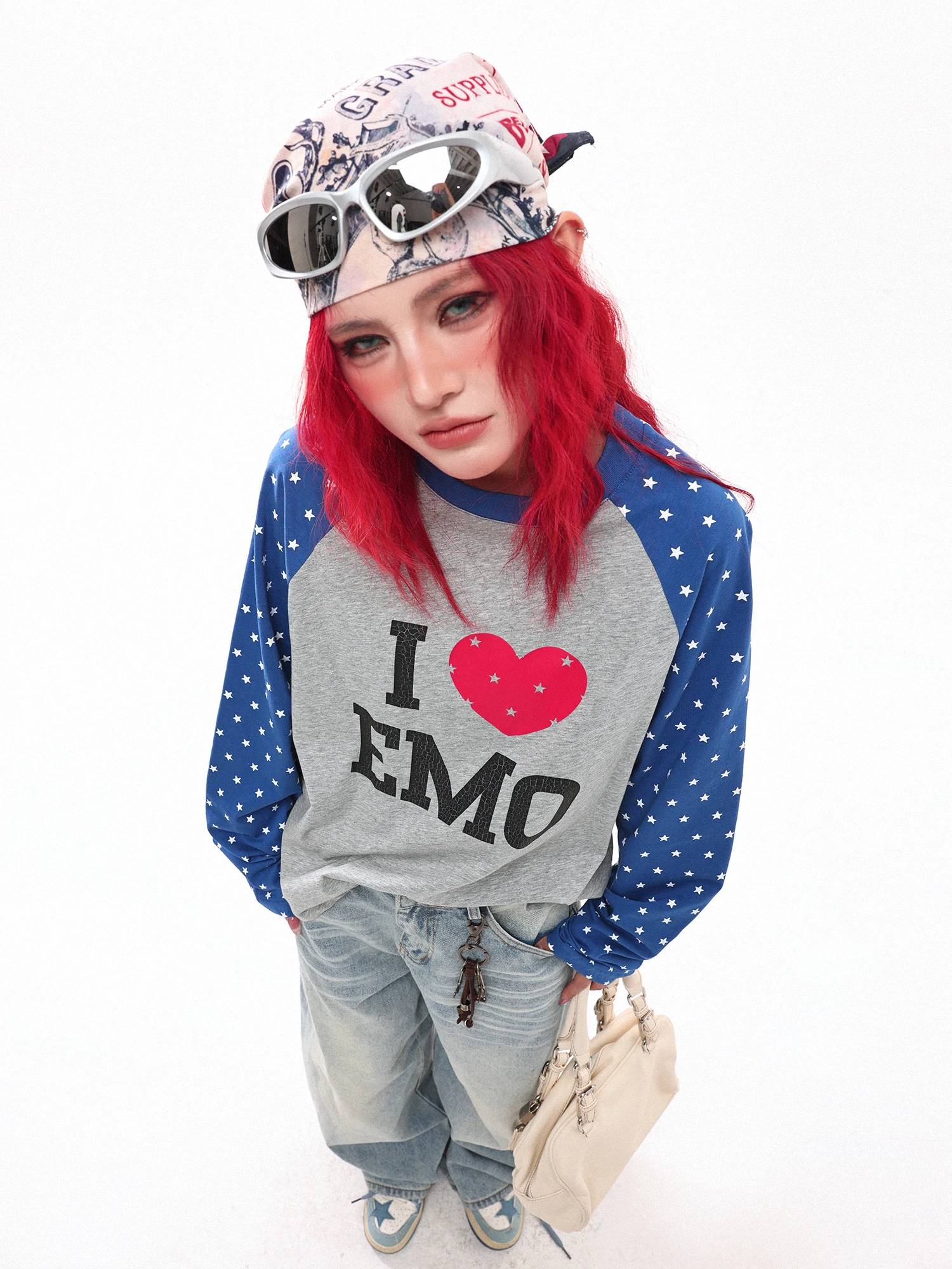 

Футболка с длинным рукавом Damon Island в корейском ретро-стиле с принтом Love Mage и звездным дизайном, для пар, повседневная, свободного кроя, удобная