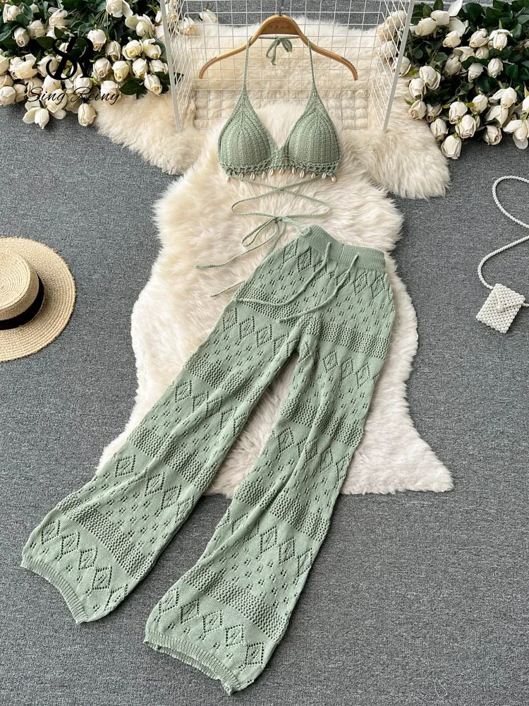 Women Summer Knitted Set Halter Short Tops+ Hollow Wide Leg Long Pants Sets Shell Beach Sexy Backless Two Piece Suits