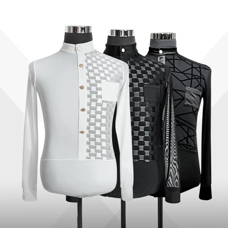 

New Latin Dance Shirt Male Long Sleeve Ballroom Competititon Wear ChaCha Samba Tango Dancing Clothes Adult Latin Shirt VDB7918
