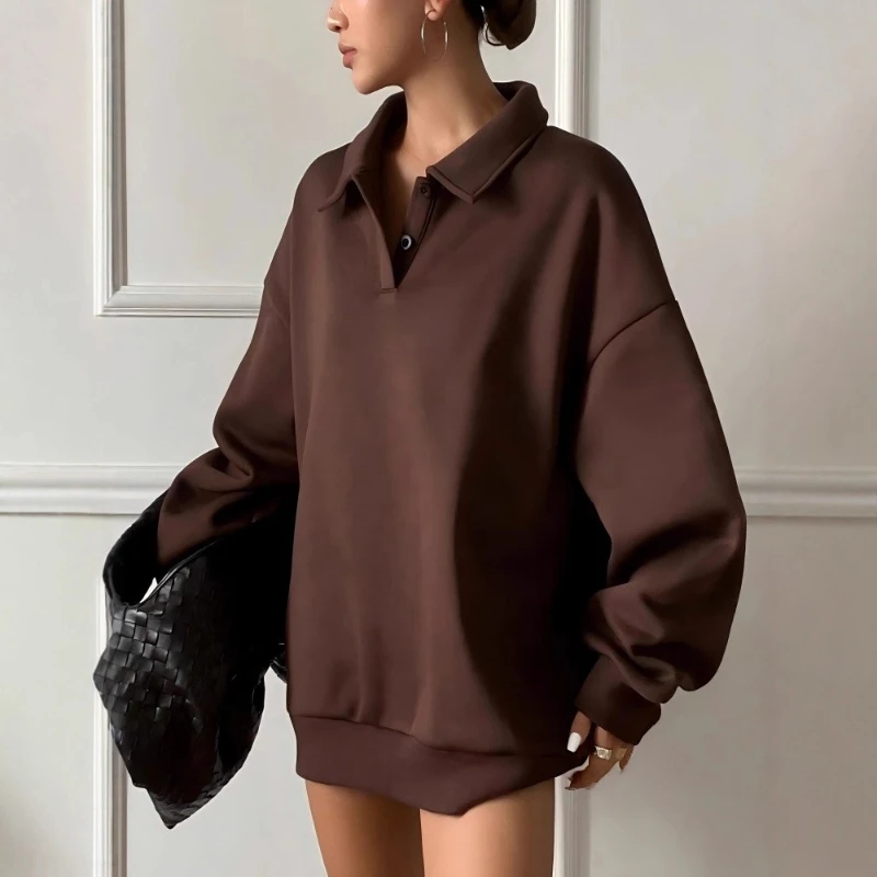 

Solid Color Long-Sleeved Velvet Sweater Warm Commuter T-Shirt with Turned Air Layer Wide Comfortable Fit for Casual Wear