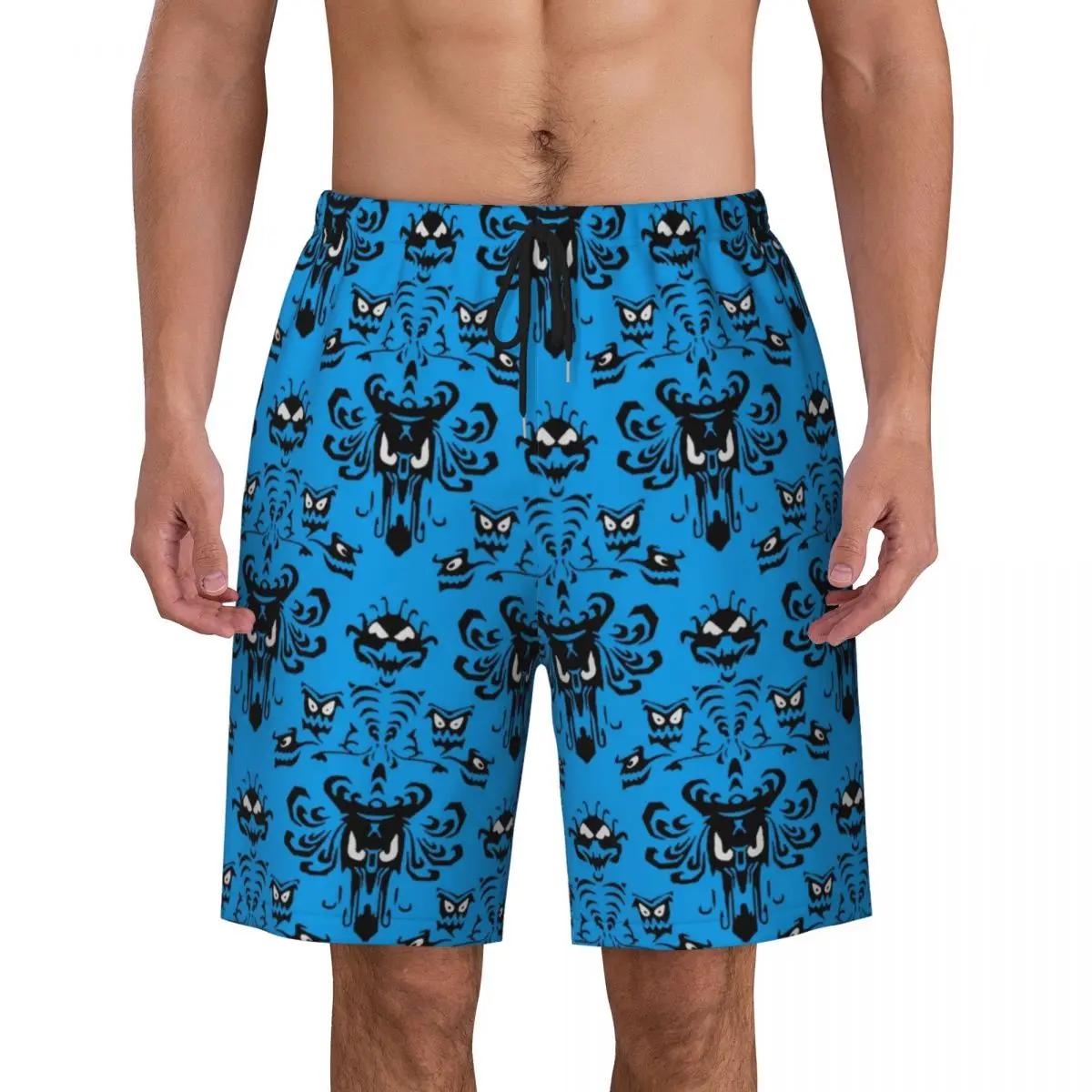 Custom Happy Haunted Swim Trunks Men Quick Dry Board Shorts Halloween Ghost Haunted Mansion Swimwear Suits Boardshorts