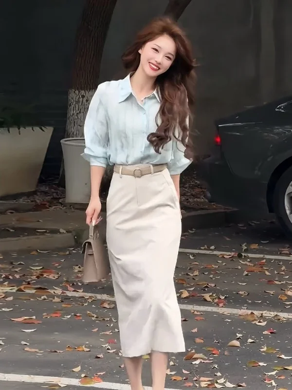 

Fashionable Shirt Top And Skirt Set Women's Gentle Versatile Summer New Arrival Two-Piece Ensemble Polyester Fiber High Waist...