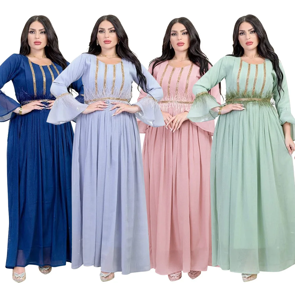 

Women's New Summer Muslim Feather Hot Diamond Chiffon with Belt Round Neck Skirt Turkish Abaya Arab Islamic Women's Kaftan Gown