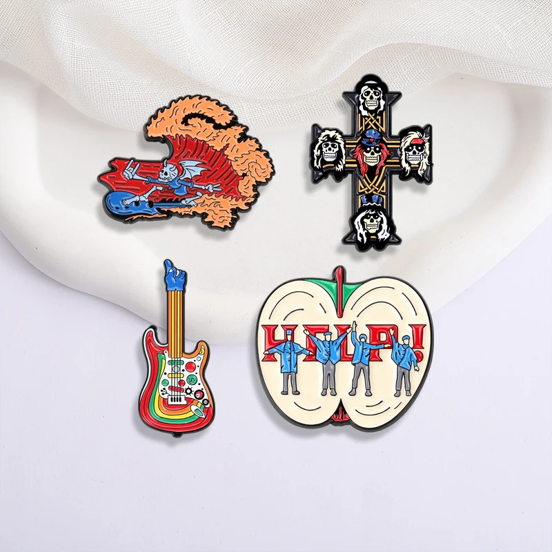Rock Band Retro Punk Skull Cross Enamel Pins Rainbow Electric Guitar Apple Help Brooch Lapel Badge Jewelry Gift for Fans Friends
