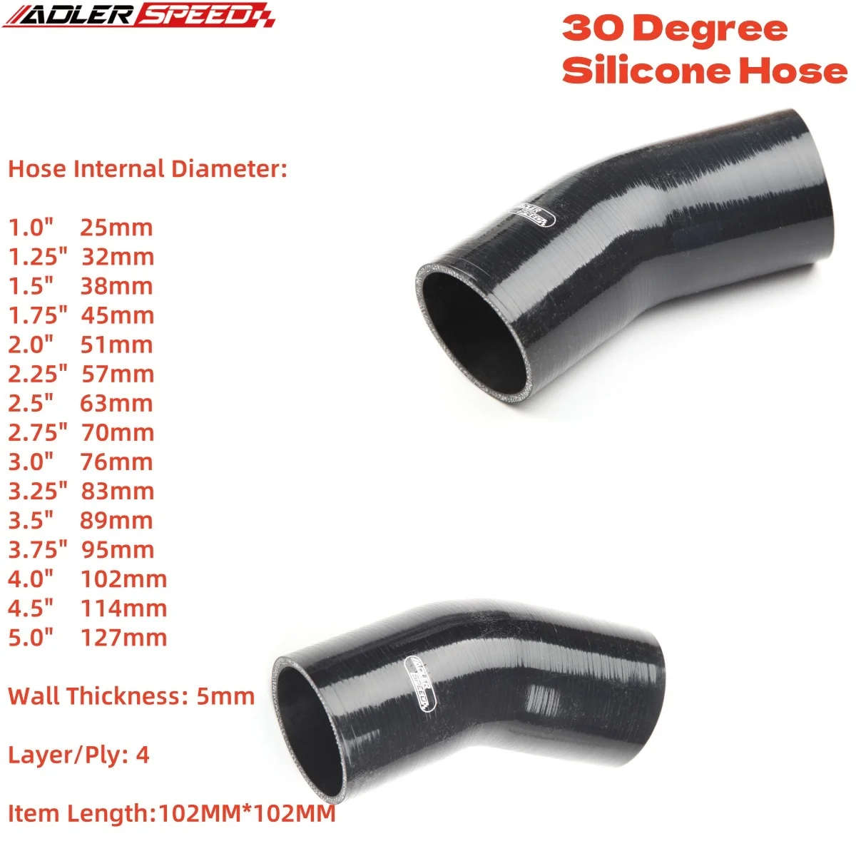 

Matt Black 30° degree Reducer Elbow Hose ID 51 54 57 60 63 64 70 76 85 90 mm Silicone Coupler Bend Pipe Tube 4ply 102mm