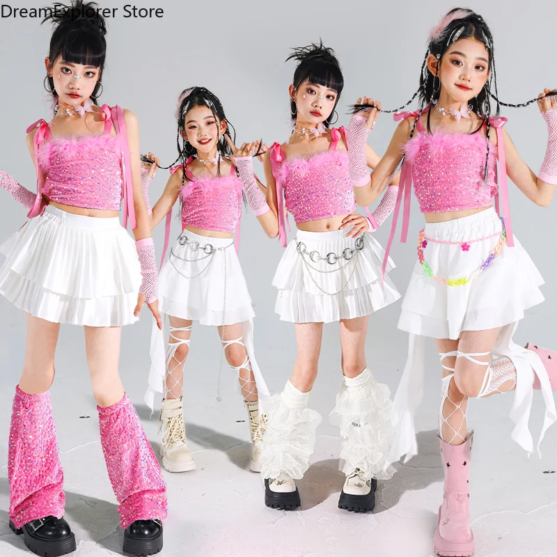 

Милый укороченный топ в стиле хип-хоп для девочек, многоярусные юбки, детская уличная одежда K-pop, детский костюм для джазовых девочек, комплекты одежды для подростков, уличных танцев