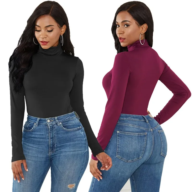 

Women Jumpsuit Long Sleeve Turtleneck Polyester Spandex Bodysuit High Neck Full Length Seamless Look Romper Slim Fit Solid