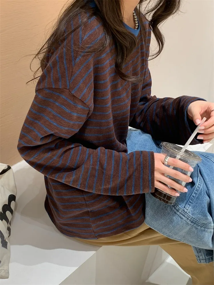 

Женская мягкая трикотажная футболка Feita с длинным рукавом, свободного кроя, повседневная, в полоску, с цветными блоками, из смесового хлопка, дышащая, влагоотводящая