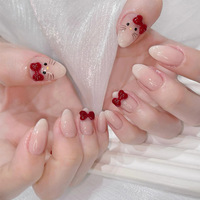 30PCS Cute Red Bowknot Short Oval Press on Nail With Cartoon Cat Glossy French Fake Nails for Girls Wearable Ins Nail Tools