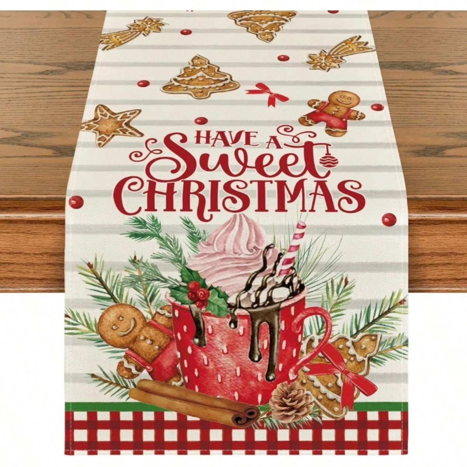 Christmas Table Runner Ice Cream Gingerbread Sweet Christmas Design Festive Holiday Kitchen Dining Table Decoration Home Party