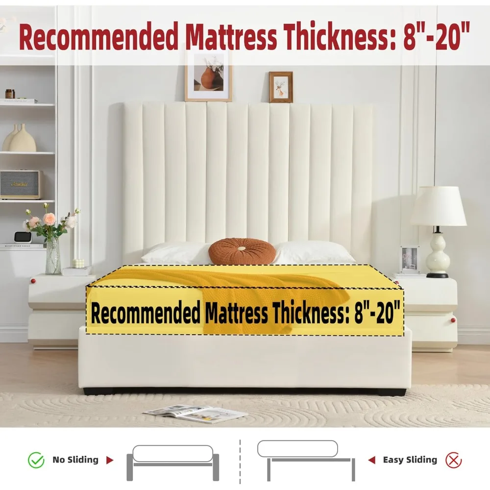 

Queen Size Upholstered Bed Frame 61.42" Tall Headboard, Storage Bed with 2 Large Drawers, Velvet Platform Bed with Vertical Chan