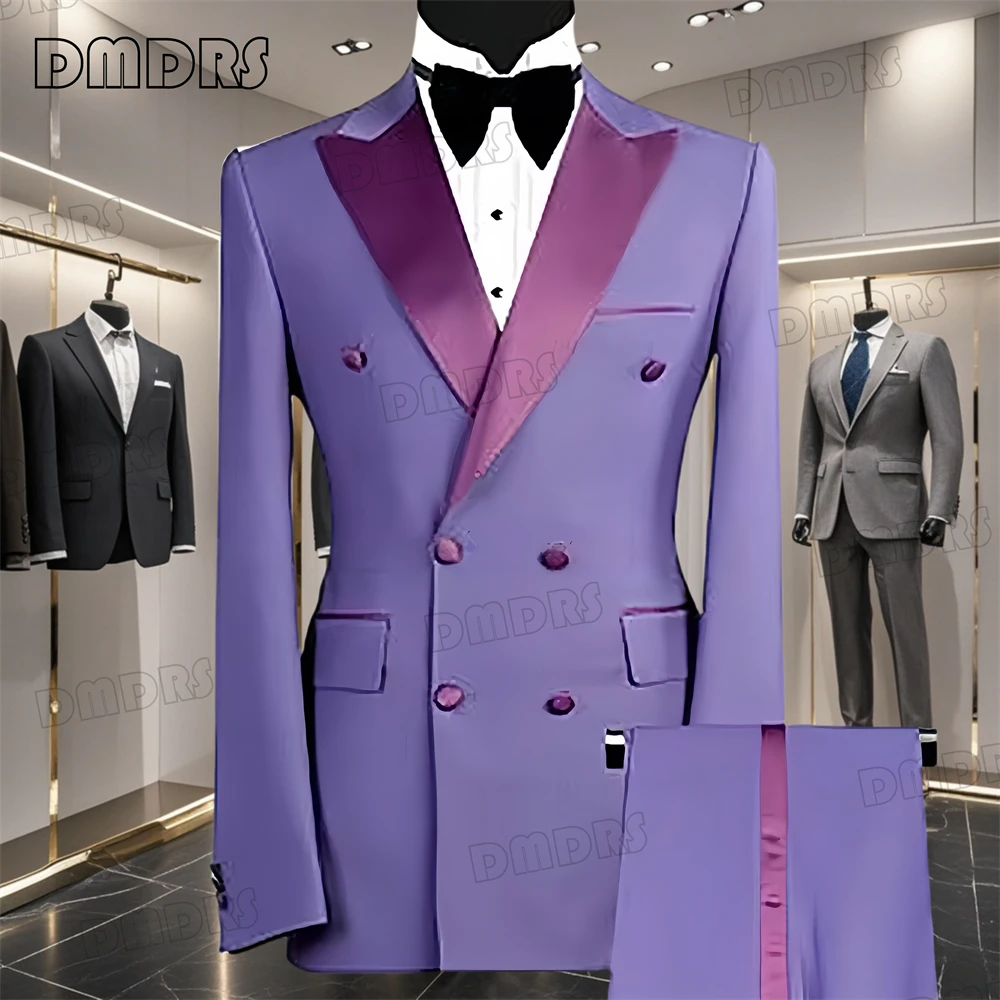 

Jacket + Pants, Slim Fitted Formal Suit Set for Men, Satin Notch Collar Double Breasted Blazer, Customized Colors Mens Tuxedo