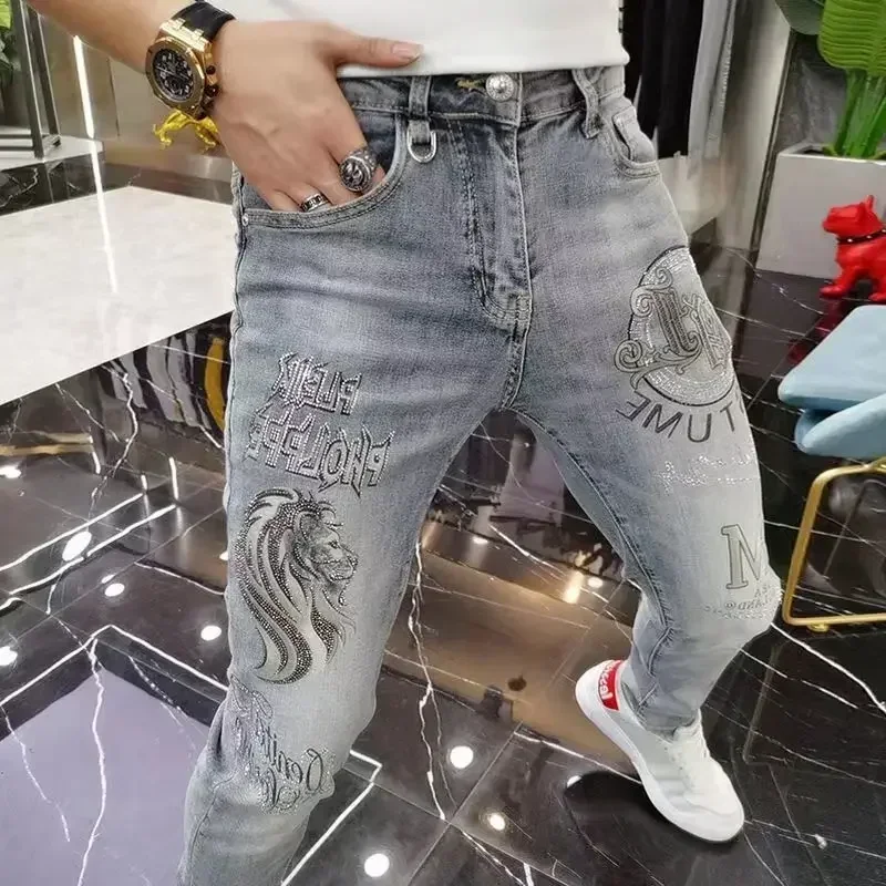 Man Cowboy Pants Graphic Trousers Slim Fit Men's Jeans with Print Tight Pipe Skinny Elastic Stretch Rhinestones Y2k Streetwear