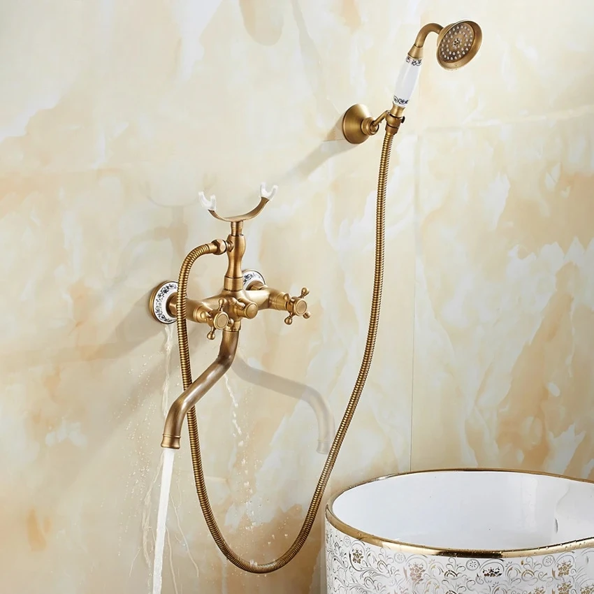 

Antique copper bathtub faucet wall mounted bathroom faucet long spout bathtub faucet shower faucet with showerhead