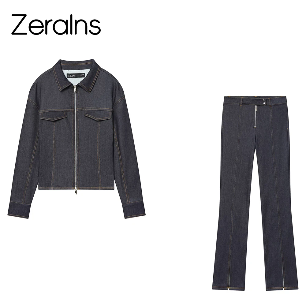 

ZERAINS женская одежда в европейском и американском стиле, новинка 2025 года, модная приталенная джинсовая куртка, комплект брюк с высокой талией