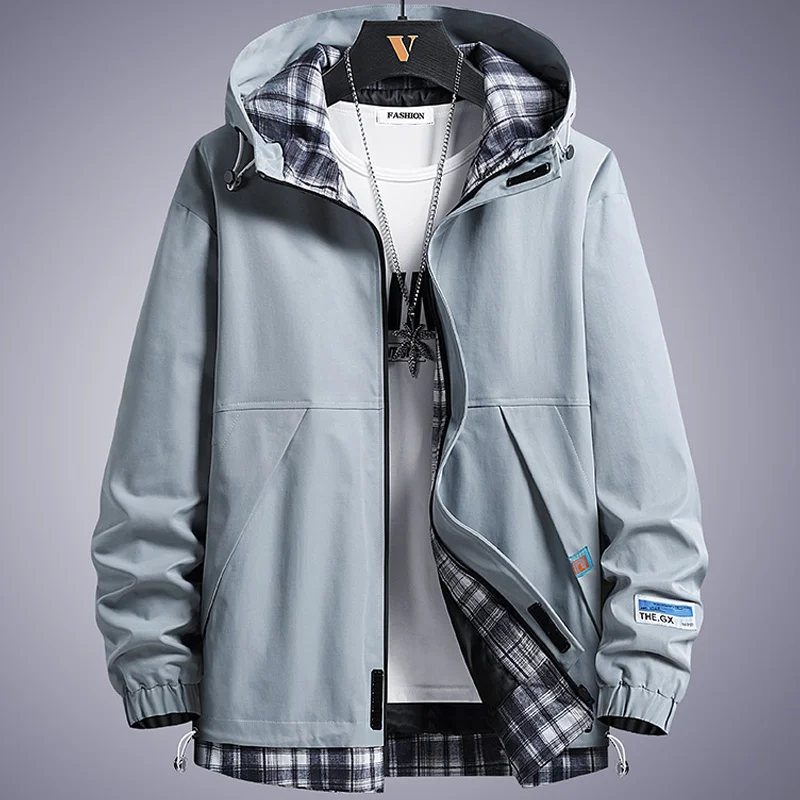 

Jackets Men's 2023 Windbreaker Spring Autumn Fashion Patchwork Plaid Hooded Coat Male Clothing Casual Jackets 8XL