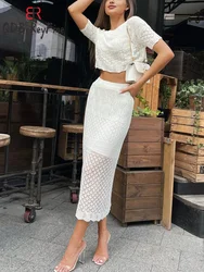 Knitted Women Skirts Sets Summer Elegant Office Ladies Hollow Short Sleeve Crop Tops Bodycon Skirt Two Piece Sets Women Outifits