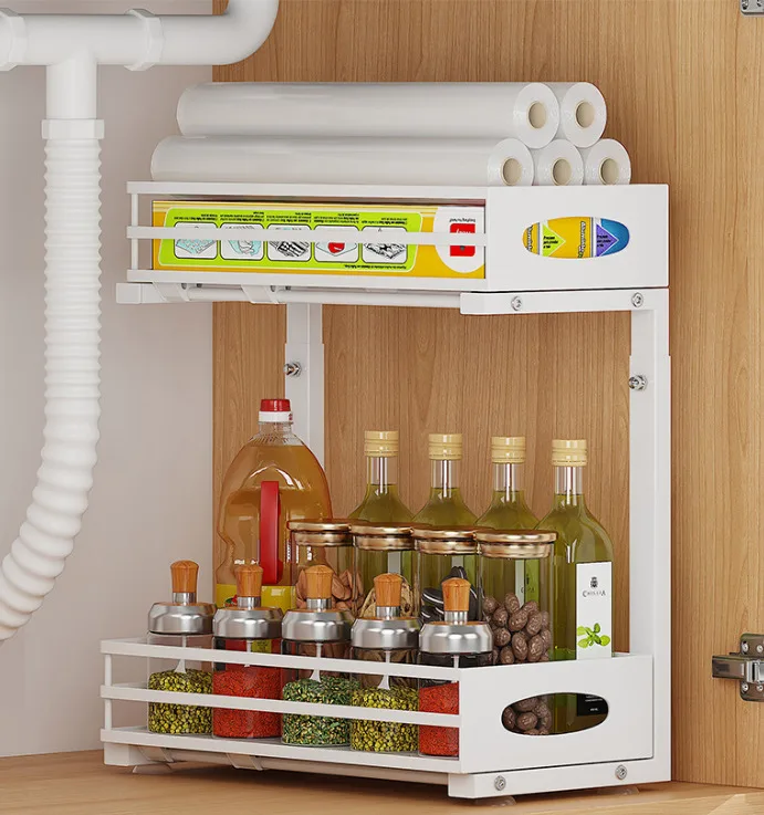 2-Tier Put Out Carbon Steel Sliding Storage Shelf For Kitchen Under Sink Cabinet Organizer