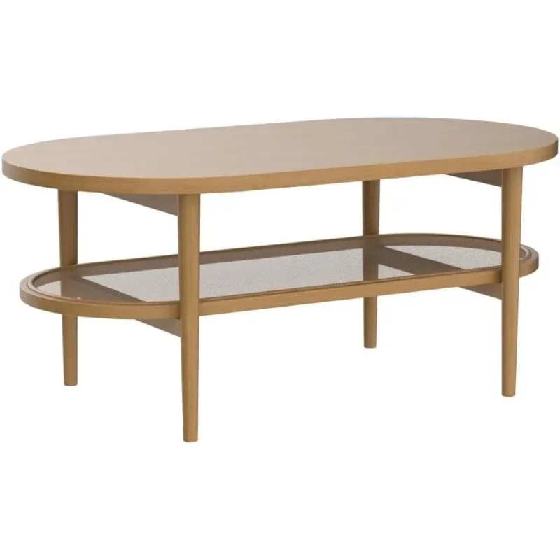 Nathan James Sonia Coffee Table with Storage Shelf, Light Wood/Rattan