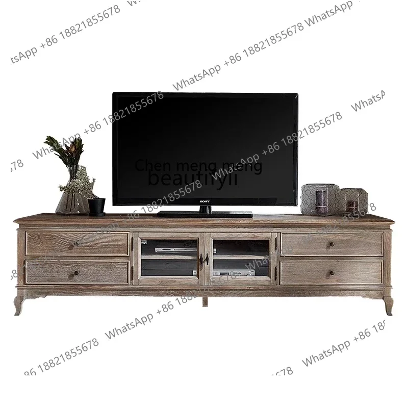 American Country Solid Wood Weathering Distressed Living Room TV Cabinet French Retro Bedroom Storage Floor Cabinet
