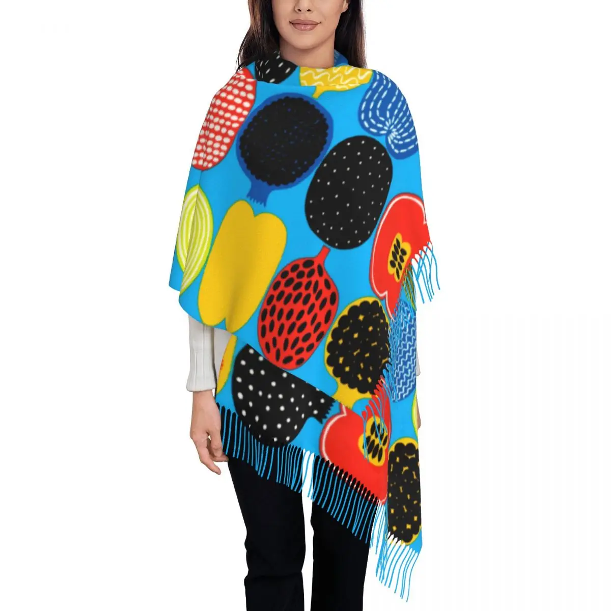 Custom Ladies Long Various Fruits Print Blue Scarves Women Winter Soft Warm Tassel Shawl Wrap Fashion Modern Style Scarf