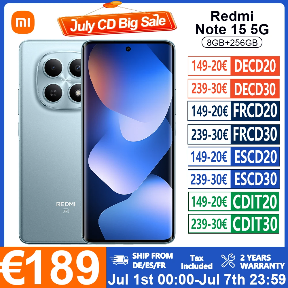 Redmi Note 15 5G Smartphone Global Version 6.77 Inch FHD 120Hz Screen 6000mAh Battery 33W Fast Charging 108MP Main Camera NFC IP64