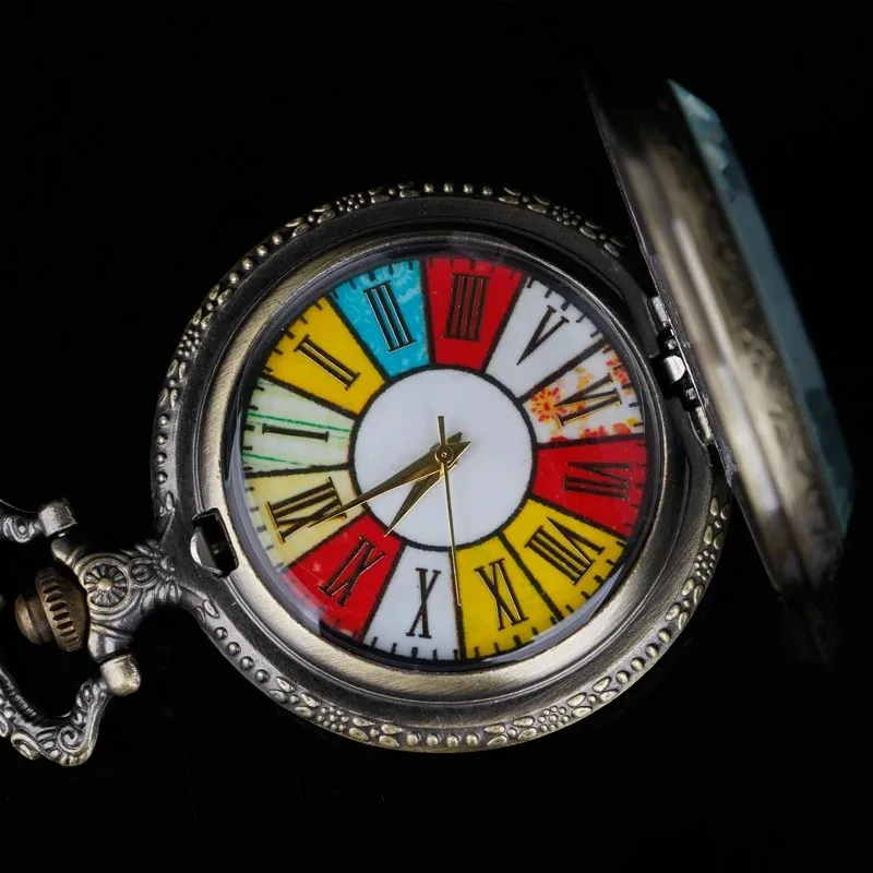 ブロンズゴージャスなカラーブロックローマンデジタルダイヤルクォーツスチームパンク懐中時計男性と女性のネックレスペンダントチェーンギフト付き