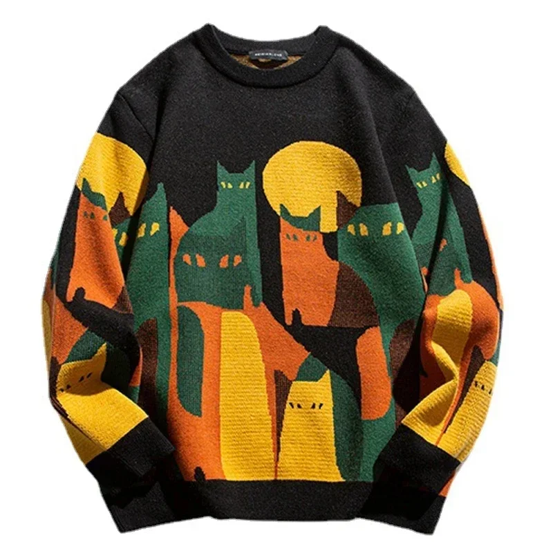 

2024 Autumn Harajuku Knitted Sweater Men Women Winter Cartoon Full Cat Print Pullover Vintage Causal Loose Sweaters Streetwear