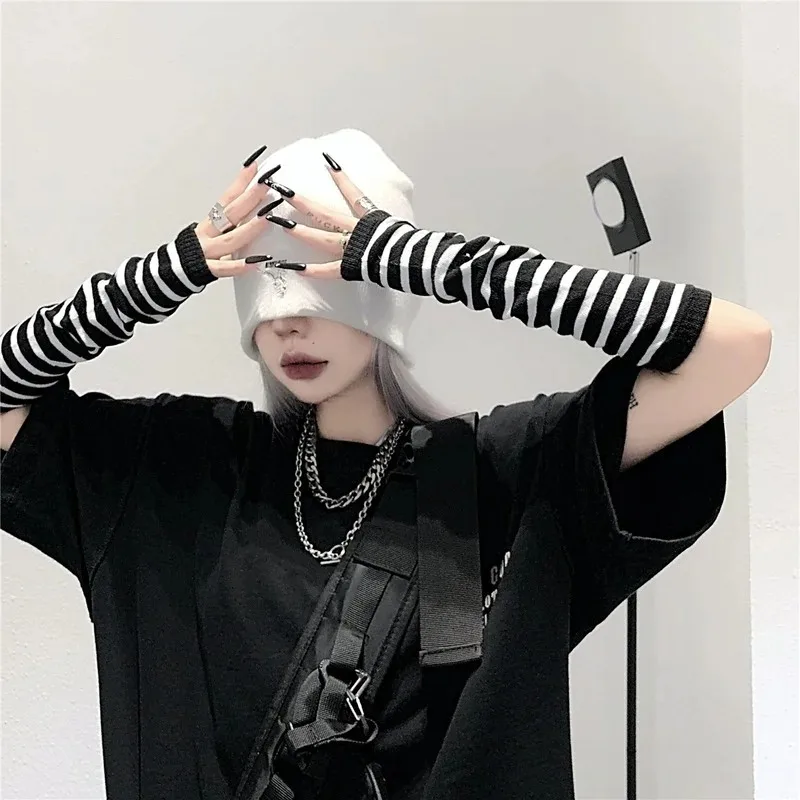 Y2K Punk Long Sleeves Fingerless Gloves Cuff Women Men Outdoor Stripe Hip-Hop Knitted Elbow Mittens Elastic Winter Arm Warmer