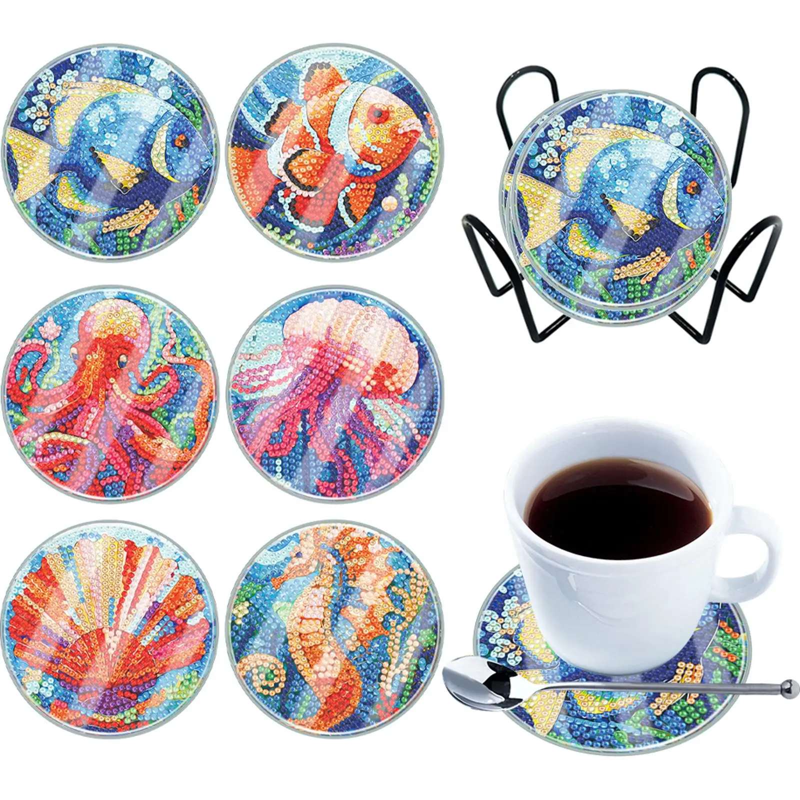 

Набор из 6 акриловых подставок для кружек и стаканов с алмазной вышивкой, особой формы, моющиеся, с держателем, для кофейного столика, бара, кружек, стаканов, пивных бокалов