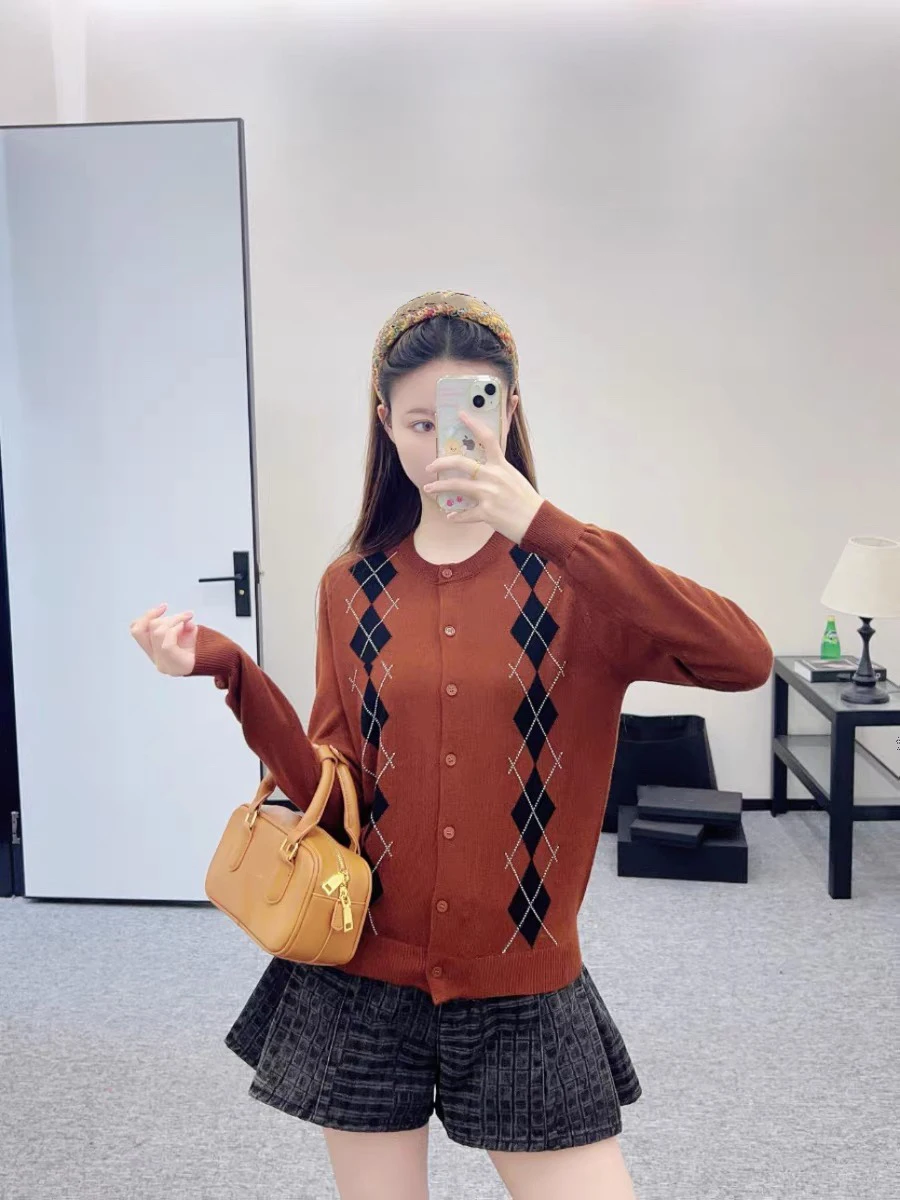 

Cashmere Autumn Winter Knitted Plaid Cardigan Single Breasted Sweater Coat Long Sleeve Casual Loose Knitwear Tops F728