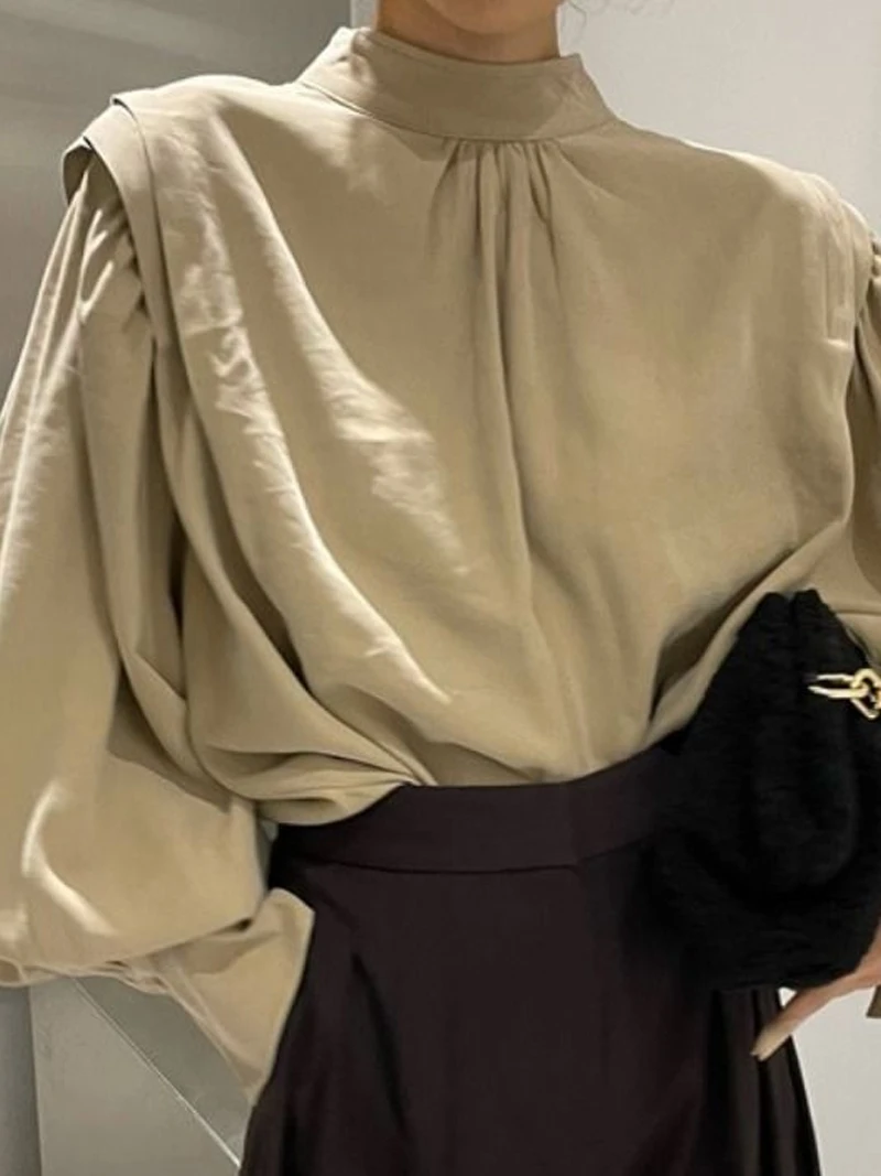 

Retro f High Collar Lantern Sve irt Women's Top Button Ba Design Sensation Faion Korean Sle Loose Fit