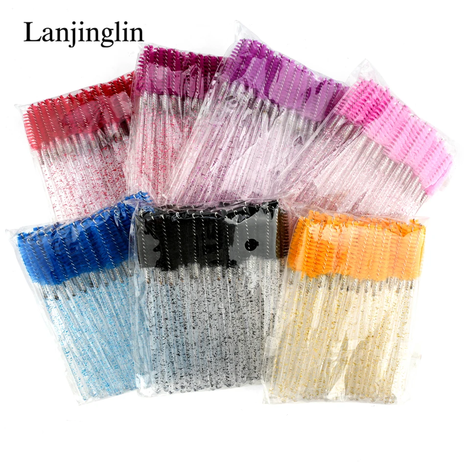 Lanjinglin 50/100 piezas de cepillos para pestañas de maquillaje, cepillo de cejas de cristal con mango de diamante, aplicador de máscara, herramientas de extensión 3