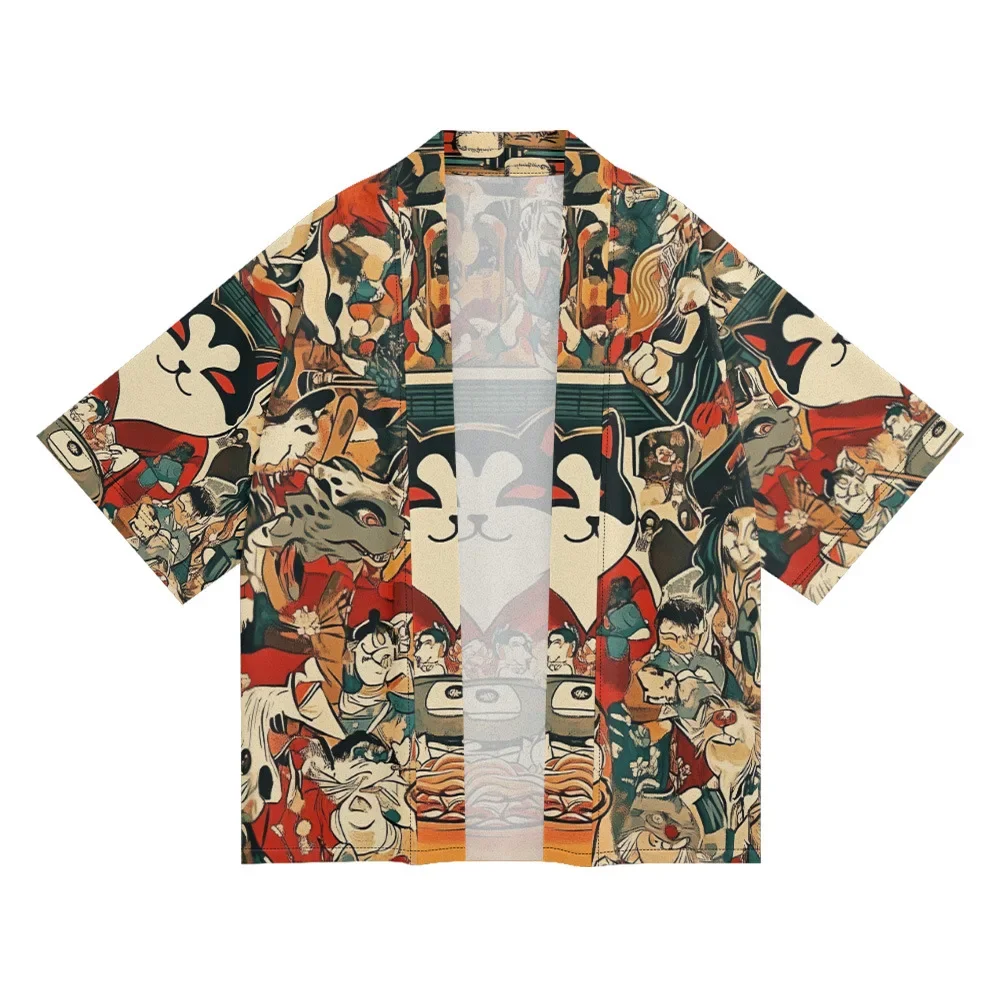 المرأة عارضة فضفاض كيمونو الملابس اليابانية التقليدية الرجال أنيمي القط المطبوعة 2025 الصيف الشاطئ سترة Haori