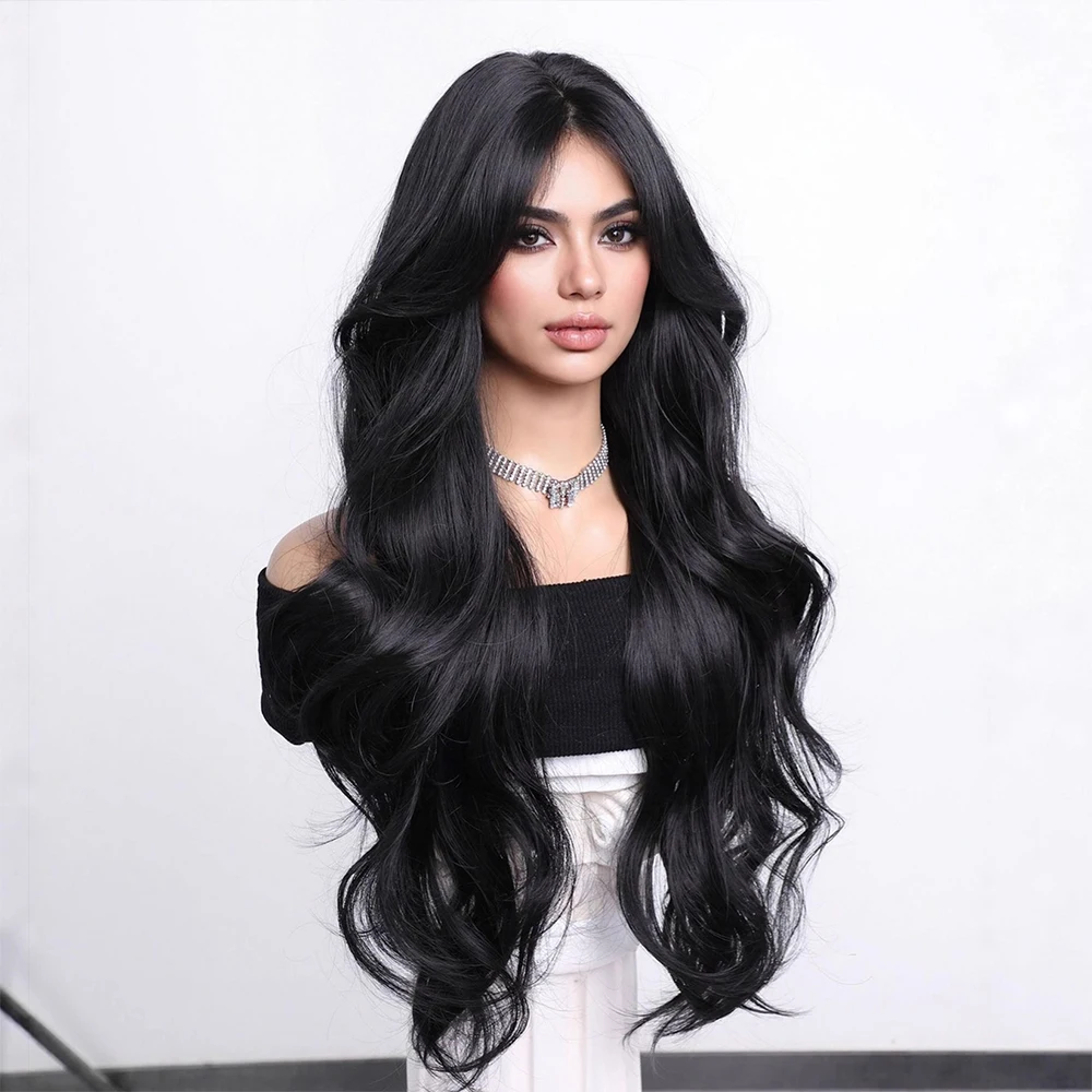 شعر مستعار طويل مموج صناعي طبيعي مع غرة شعر طويل مجعد للنساء للاستخدام اليومي شعر مستعار من الألياف عالي الجودة مقاوم للحرارة