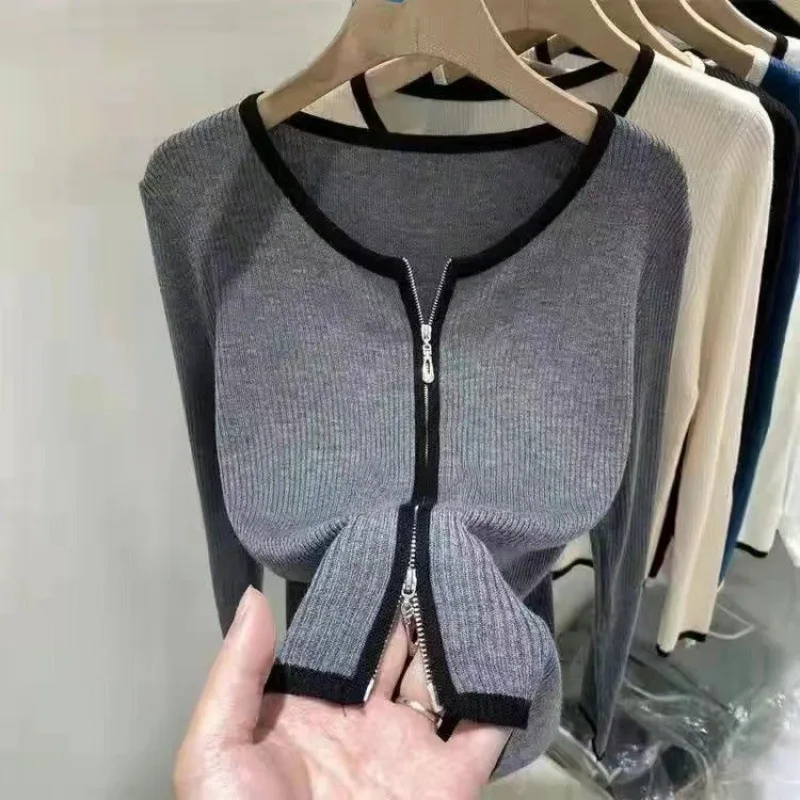 Elegant Knitted Sweater Cardigan Women's Spring Slim Top  Base Shirt Spring and Autumn Short Air-conditioned Shirt