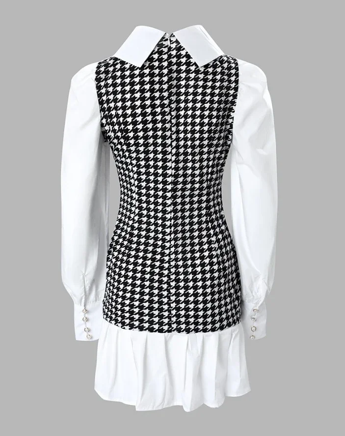 Mulheres Houndstooth Puff manga babados bainha vestido elegante, gola virada para baixo, vestido de linha A diária, decoração de botões, moda primavera, 2022