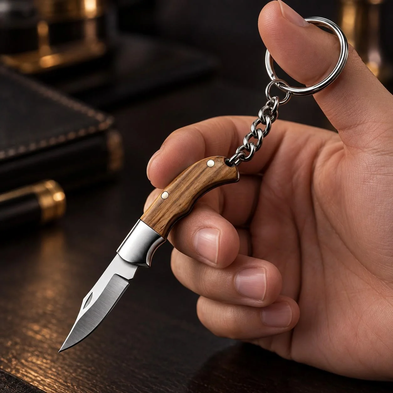 Mini Folding Pocket Knife, Compact with Keychain, Steel Blade and Wooden Handle, Box Opener for Home and Office, Gift for Adults