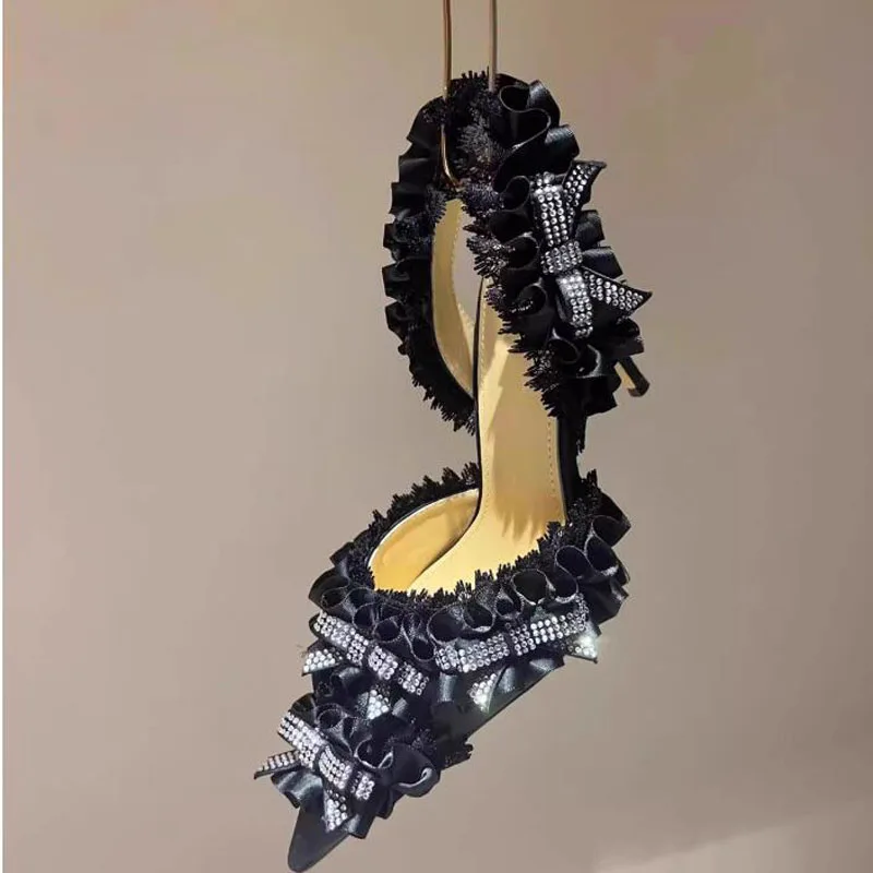 French Style Sweet Ruffles with Crystal Bowtie High Heels Lolita Pumps Pointed Toe Slingbacks Banquet Shoes Woman