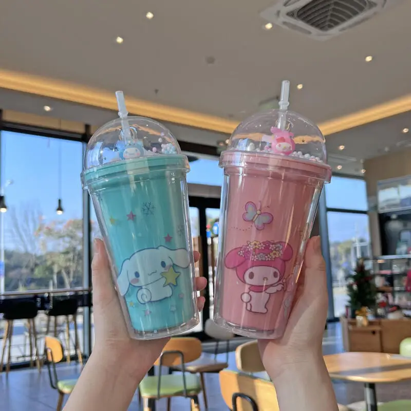 Sanrio Kawaii Anime Water Bottle Kuromi Double-Layer Plastic Cup Water Cup Cinnamoroll Portable Sport Mug Straw Water Cup Gifts