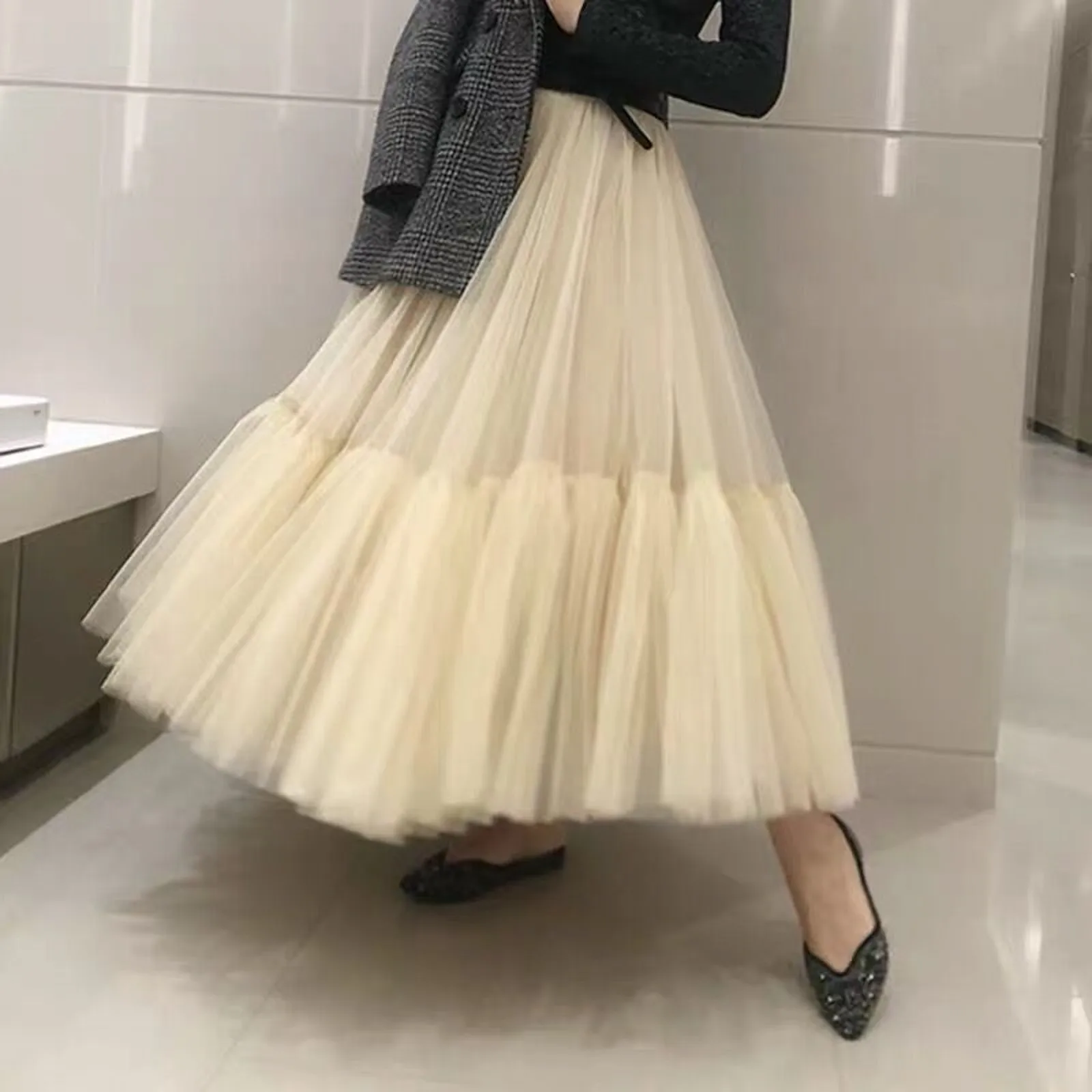 Women's A Line Party Dinner Tutu Skirt Brown Stretchy High Waisted Flared Skirt Female Elegant Mesh Carnival Party Clothing