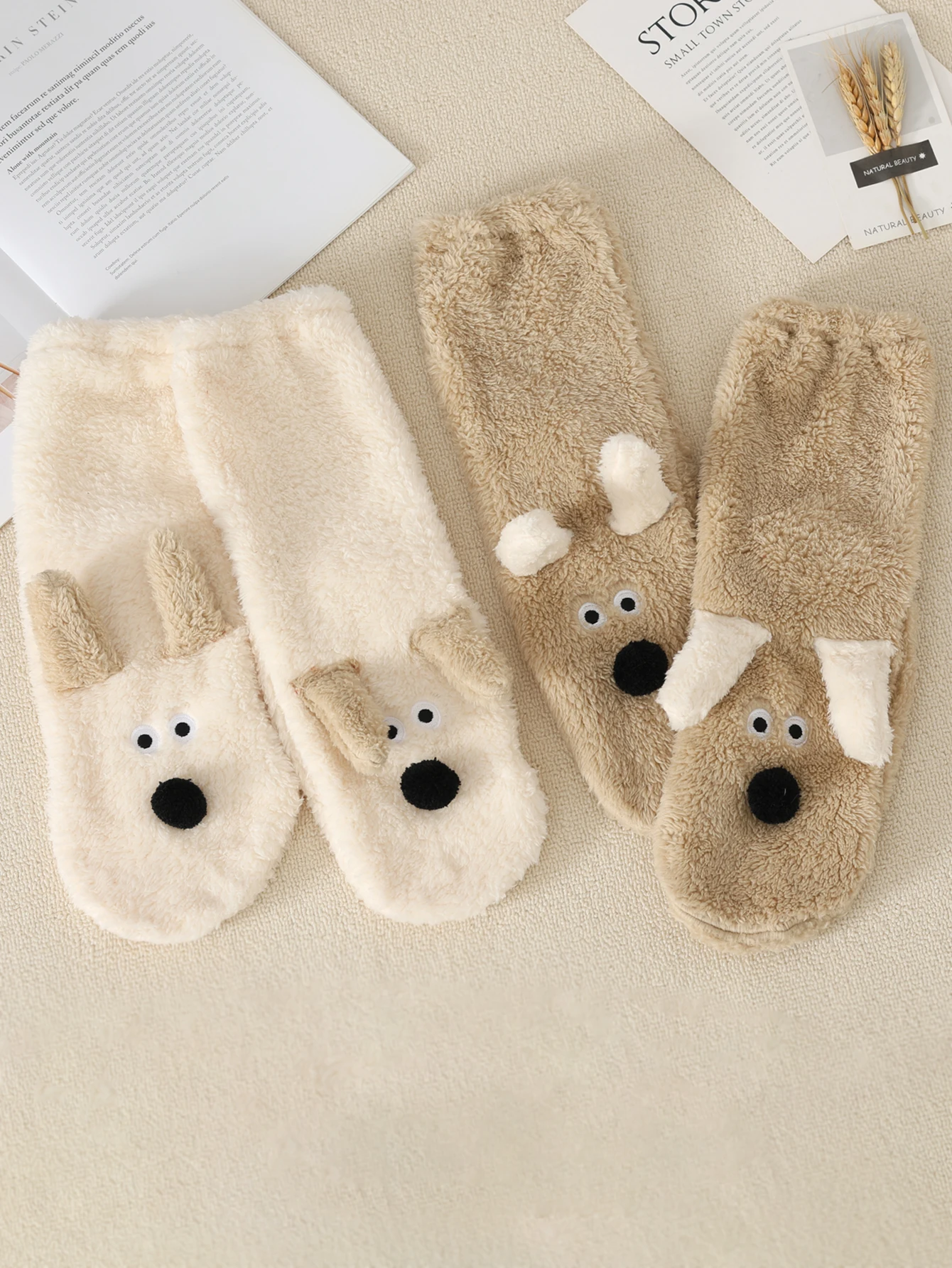 Winter Fluffy Socks Thickened Warmth-Retaining Style Adorable Puppy Plush Cartoon Comfortable Crew Socks Floor Socks